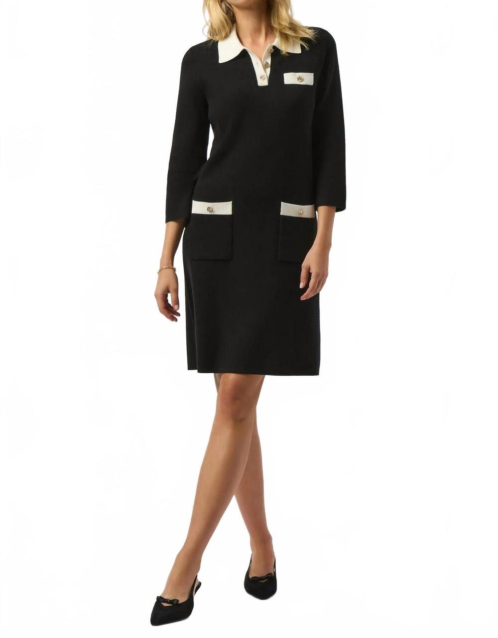 NEW JOSEPH RIBKOFF three quarter sleeve knit mini dress in black/vanilla